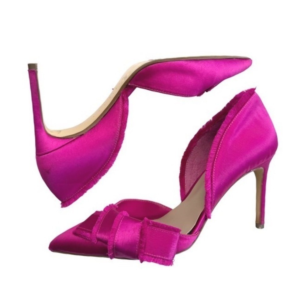 Lord & Taylor 424 Fifth Pink Satin Frayed Bow D'Orsay Pumps Barbiecore Glam 6.5M